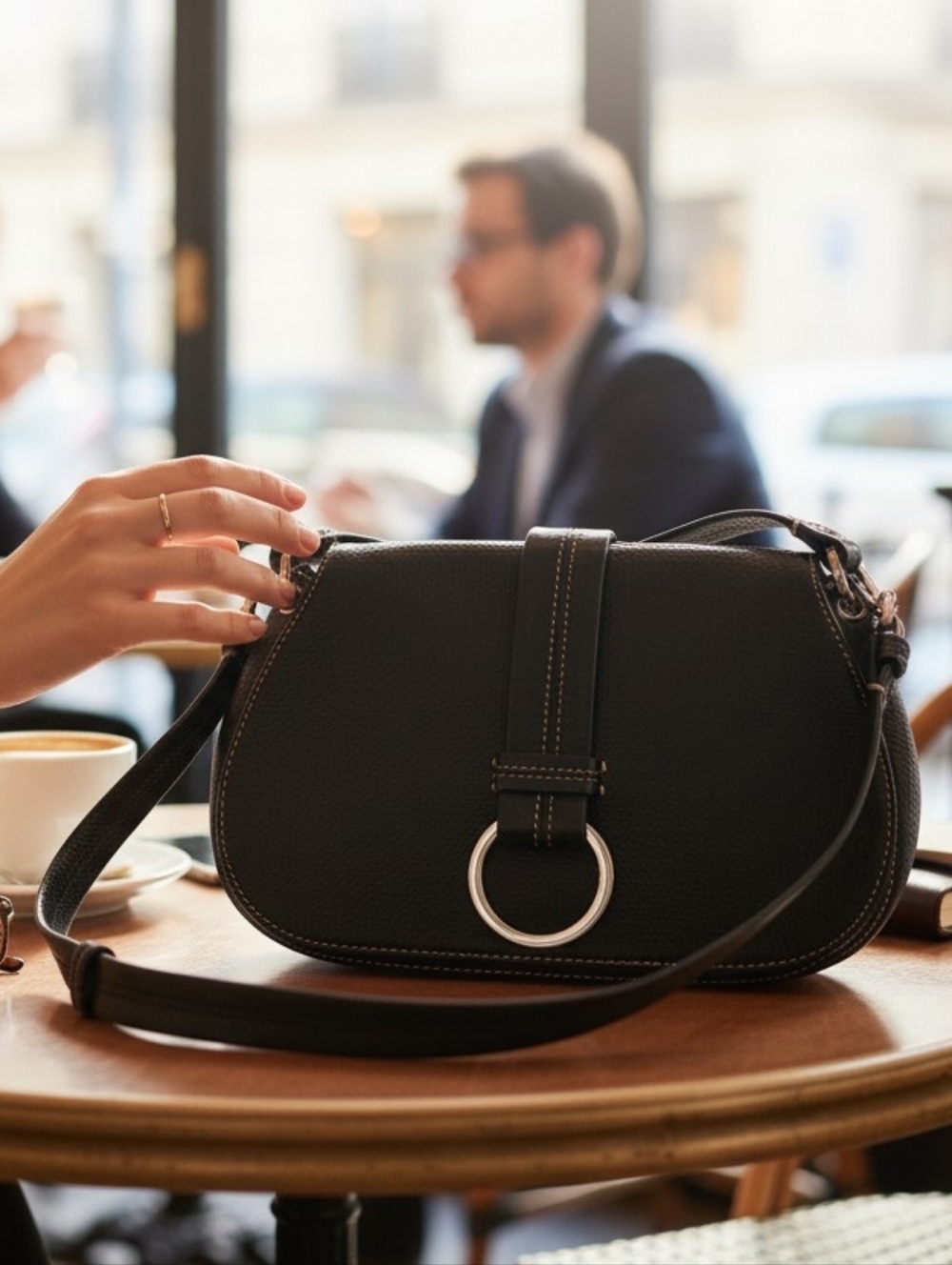Cole Haan Black Crossbody Saddle Bag with Silver Ring